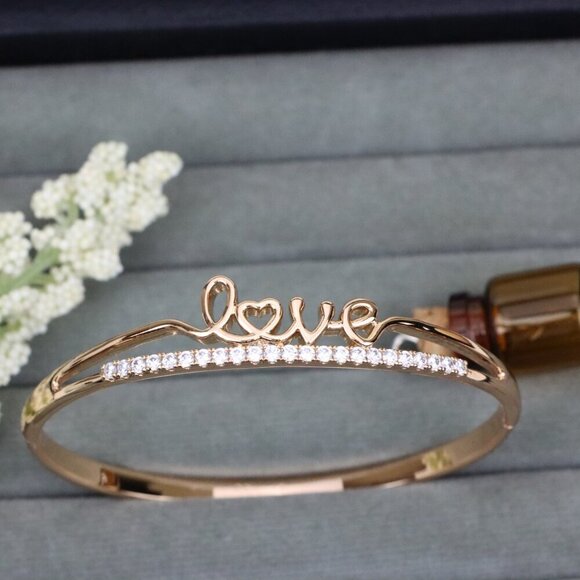 Rose Gold Love Text CZ Bangle – 2.36 Inch Elegant Romantic Style, XPBL0534 - Picture 10 of 12